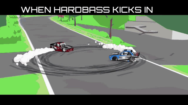 a cartoon drawing of two cars on a road and the words " when hardbass kicks in "