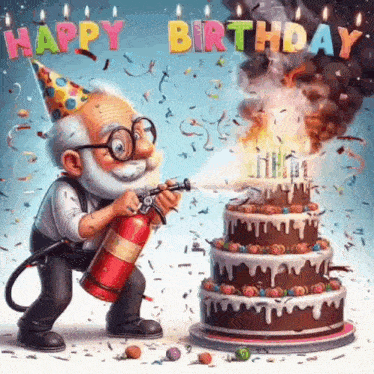 a man is holding a fire extinguisher in front of a birthday cake .
