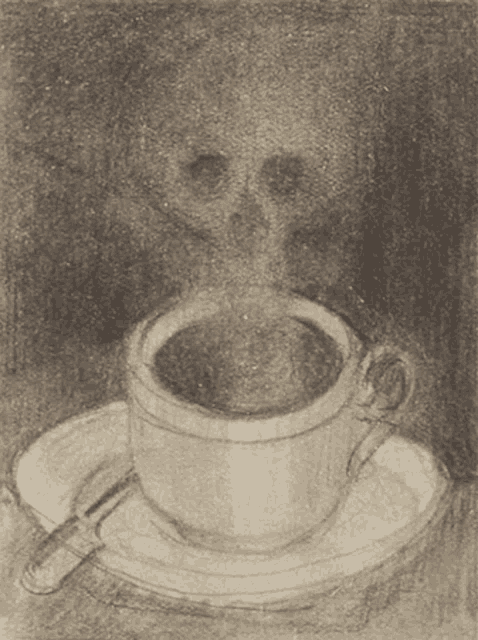 a drawing of a cup of coffee on a saucer with a skull coming out of it