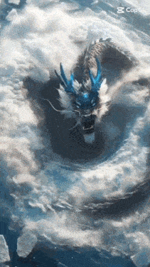 a blue and white dragon is flying through the clouds .