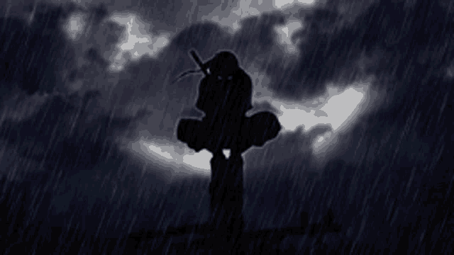 a silhouette of a person holding a sword in the rain at night .