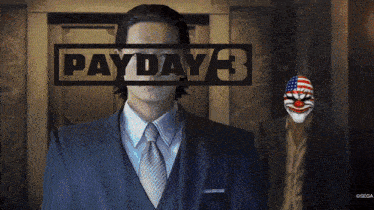a man in a suit and tie stands in front of a payday 3 logo