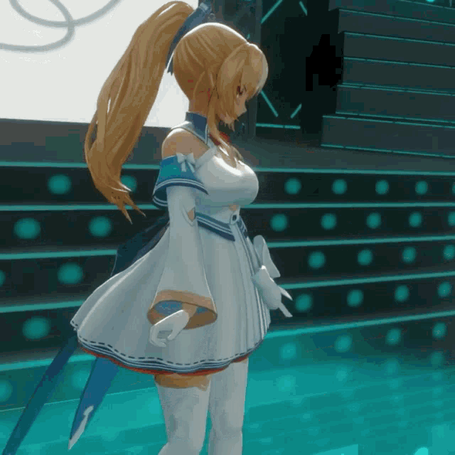 a girl with a ponytail and a white dress is standing in front of a stage