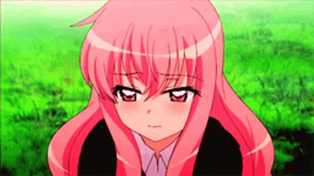 a girl with pink hair is standing in a field with a green background