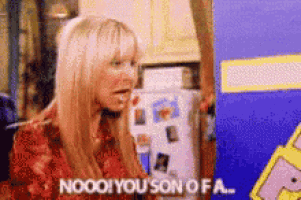 a woman in a red shirt says nooo you son of a.