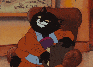 a black cat is sitting in a chair holding a book and smiling