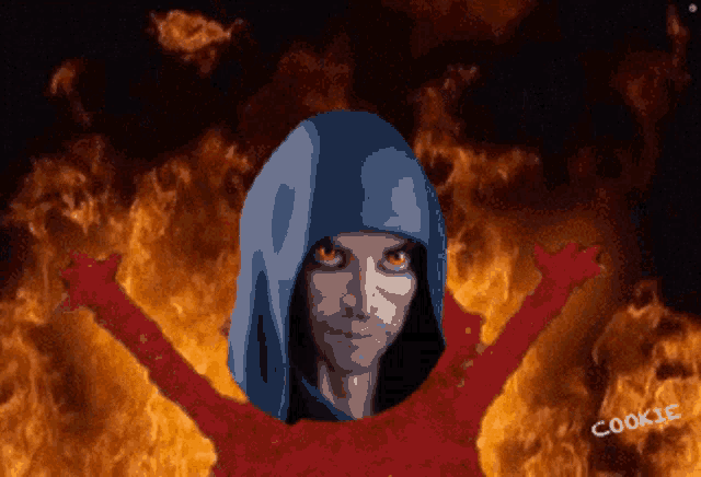 a man in a blue hood is surrounded by flames and the word cookie is visible