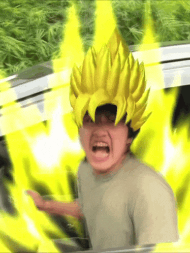 a man with a yellow wig on his head
