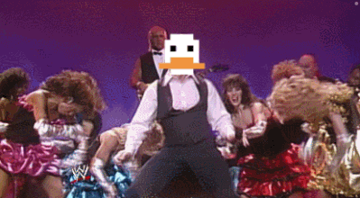 a man with a duck face on his face is dancing in front of a crowd