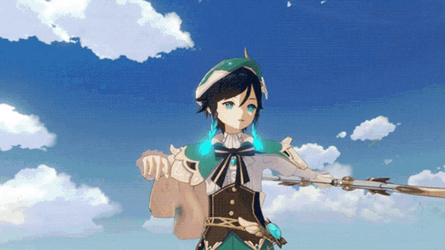 a character from a video game is holding a sword in front of a blue sky