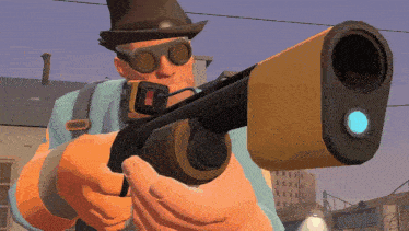 a man wearing a top hat and goggles holds a shotgun