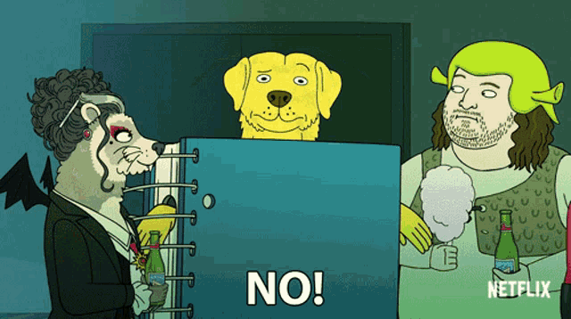 a cartoon shows a man holding cotton candy and a dog behind a book that says no