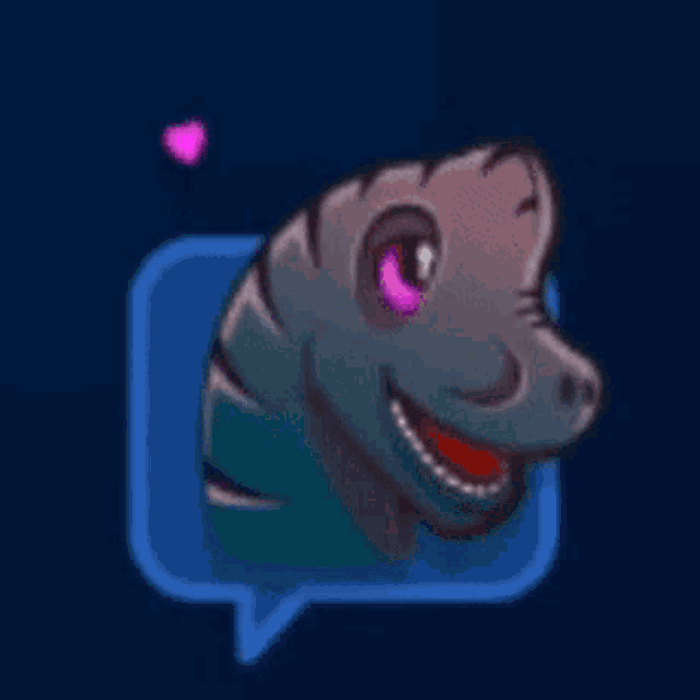 a cartoon of a dinosaur with pink eyes in a speech bubble with pink hearts .