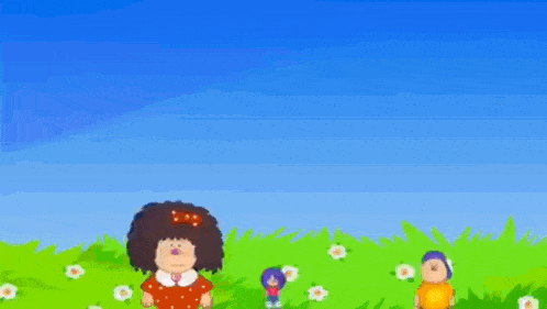 a cartoon drawing of a girl standing in a field of flowers