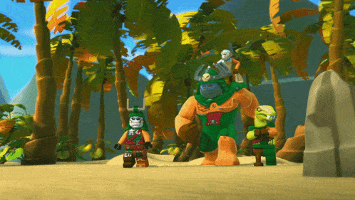 a group of lego characters are standing in a jungle
