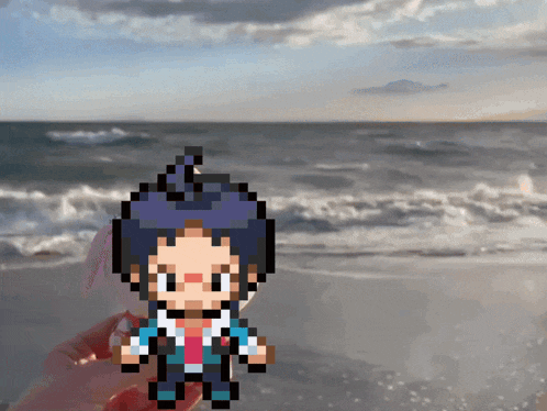 a pixel art drawing of a person standing on a beach