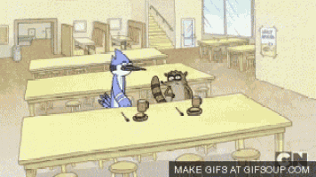 a cartoon of a bird and a raccoon sitting at a table