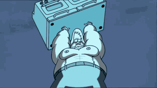 a cartoon drawing of a yeti flexing his muscles against a wall