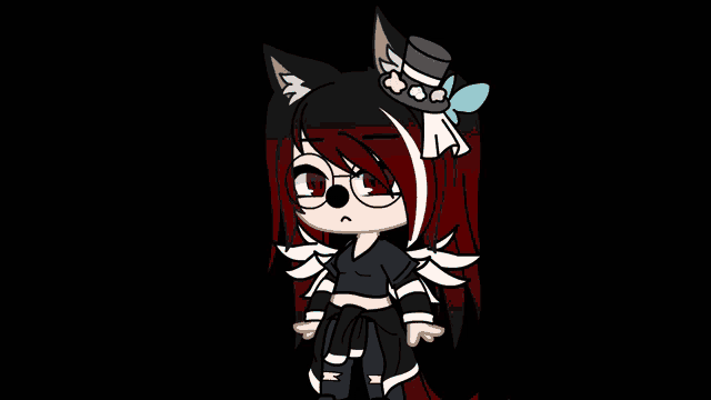 a girl with red hair and glasses is wearing a black top hat