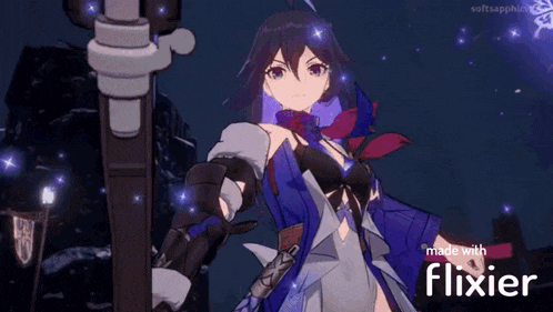 a girl is holding a sword in her hand in a video game with the name flixier on the bottom .