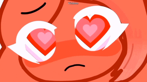 a close up of a cartoon character 's eyes with hearts in them and the name victaton at the top