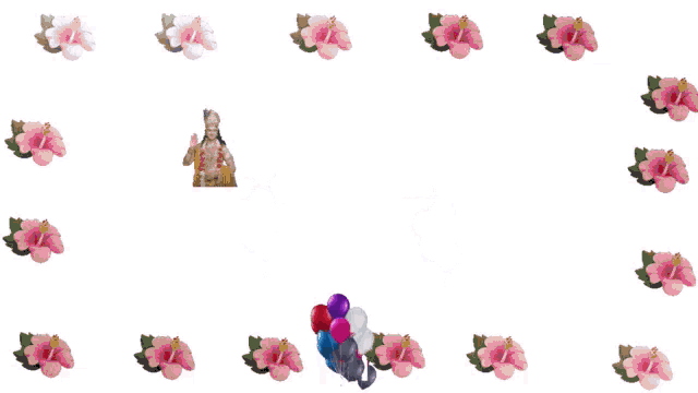 a pattern of pink flowers and balloons with a picture of a woman in the middle