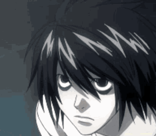 a close up of a person 's face with black hair and white eyes