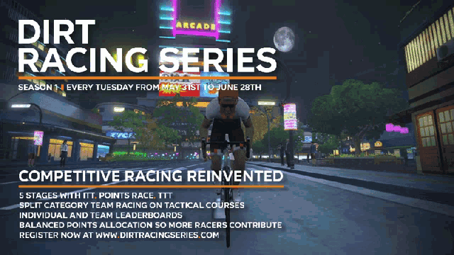an advertisement for dirt racing series shows a man riding a bike down a city street