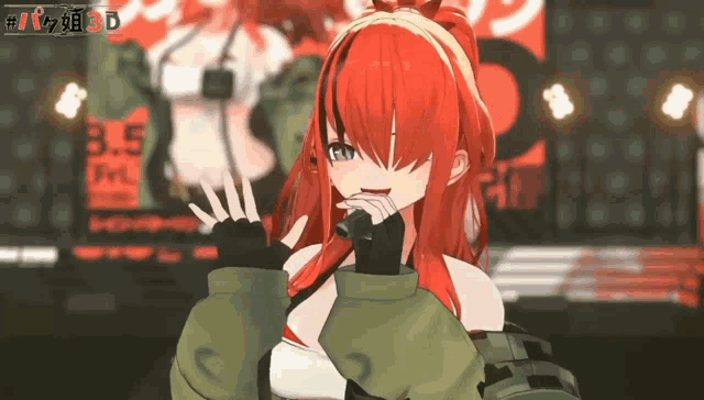 a girl with red hair is singing into a microphone with a sign behind her that says 3.5