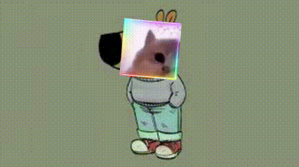 a cartoon character has a picture of a cat on his head