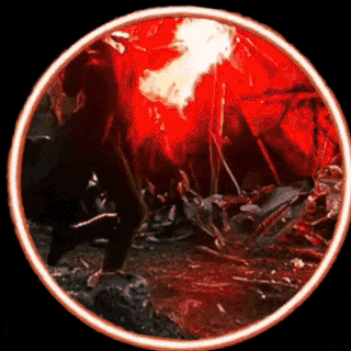 a red circle with a person in it and a fire coming out of it