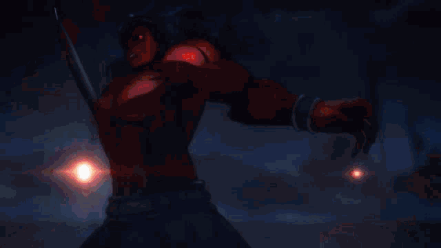 a person with a red cape is standing in front of a red and blue light