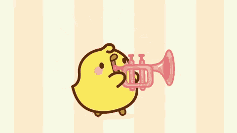 a cartoon sun is blowing a pink trumpet on a pink and white striped background .