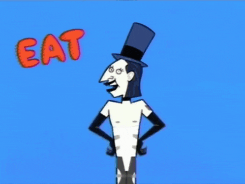 a cartoon character with a top hat and the words eat right every day