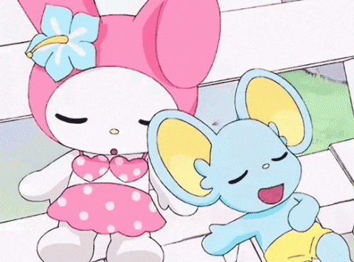 a pink and white bunny and a blue mouse are sitting next to each other .