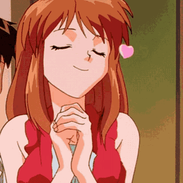 a girl with her eyes closed has a pink heart in her mouth