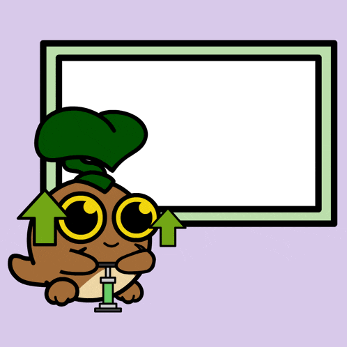 a cartoon character holding a sign with arrows pointing upwards
