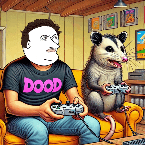 a cartoon of a man and an opossum playing video games with a shirt that says dood