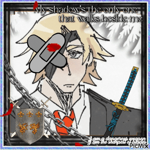 a drawing of a man with a bandage on his face and a sword