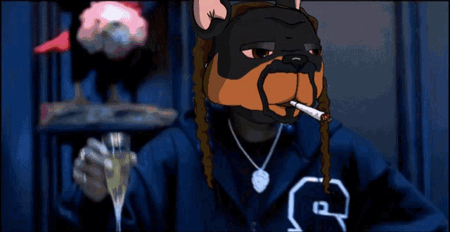 a cartoon dog wearing a mask and smoking a cigarette
