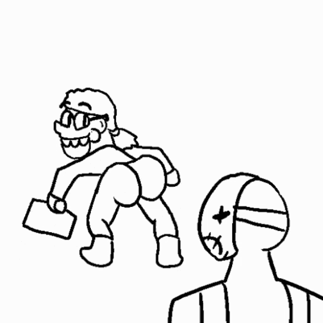 a black and white drawing of a cartoon character standing next to a dead cartoon character .