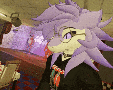 a cartoon character with purple hair and glasses is wearing a black shirt that says ' guns n roses ' on it