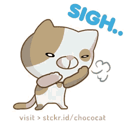 a sticker of a brown and white cat with the word sigh on it
