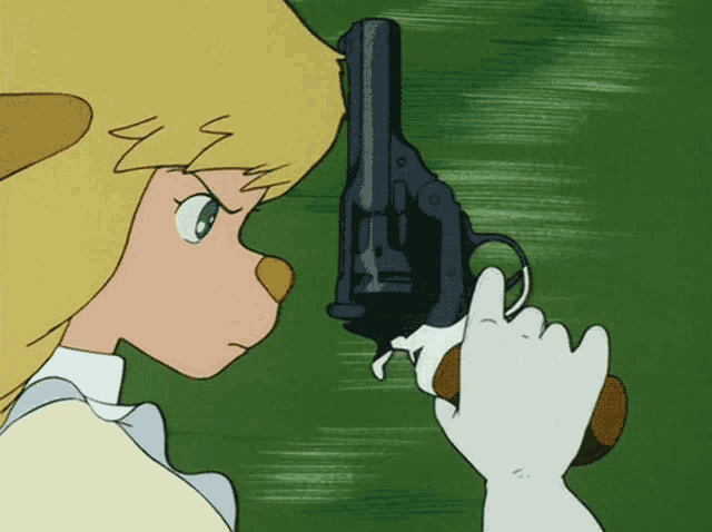a cartoon character is holding a gun in her right hand