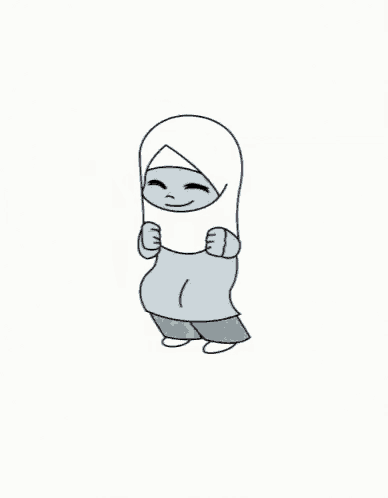 a cartoon of a little girl in a hijab jumping in the air with her arms in the air .