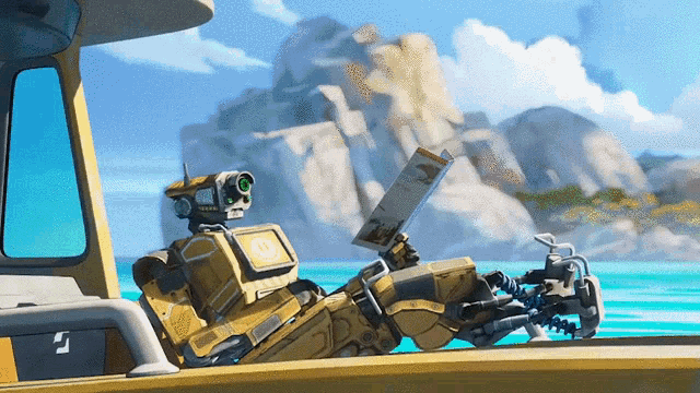 a robot is sitting on a boat reading a magazine