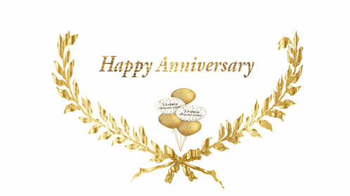 a gold laurel wreath with balloons and the words happy anniversary