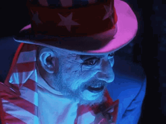 a man with a beard wearing a red white and blue top hat and tie