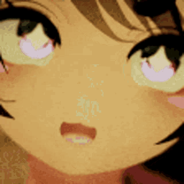 a close up of a cartoon character 's face with purple eyes