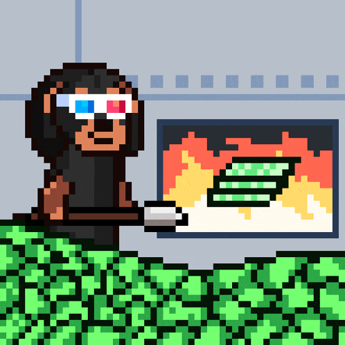 a pixel art illustration of a dog wearing 3d glasses